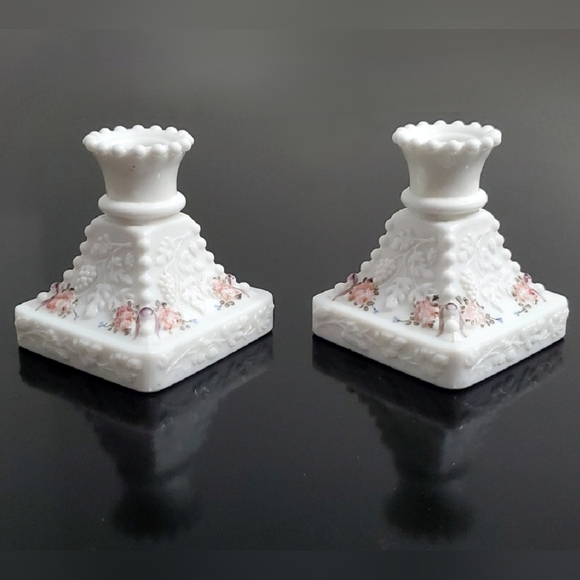 Westmoreland Other - 🎁2 Handpainted Paneled Grape White Milk Glass Beaded Single 1" Candlesticks
